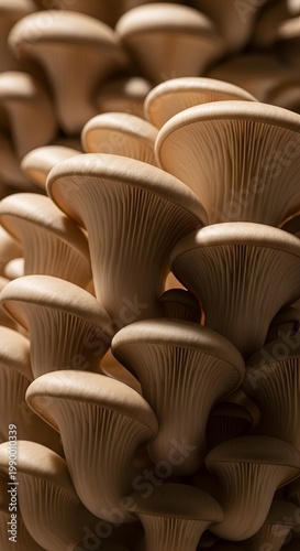 Close up of organic oyster mushrooms growing in a dense cluster.