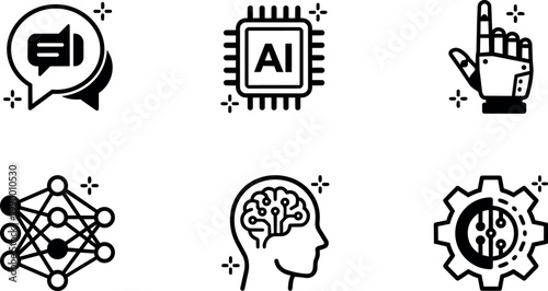 Black and white artificial intelligence icons set with brain chip hand and network