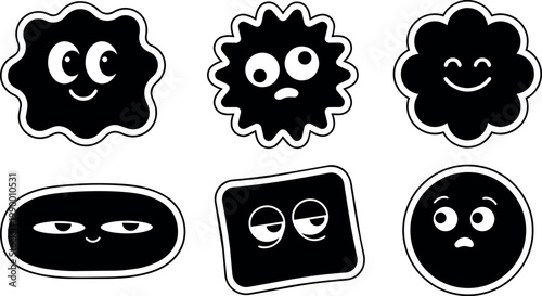 Black and white cute germs and bacteria with various facial expressions vector art