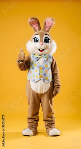 Easter Bunny Mascot Costume Giving Thumbs Up on Yellow Background.