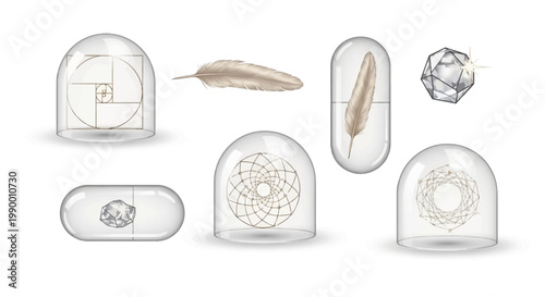 An illustrative still life for World Intellectual Property Day showcases creativity, innovation, and design principles with golden ratio, geodesic sphere, and feather elements encased