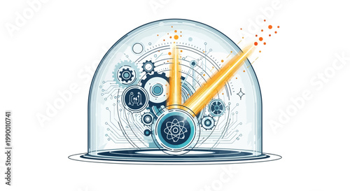 A clock with golden hands and intricate gears under a glass dome symbolizes the importance of World Intellectual Property Day, presented in a clean, minimalist style against a bright white