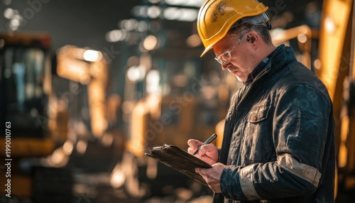 Industrial worker wearing yellow safety helmet and safety glasses taking notes with a pen on a clipboard in a factory setting
