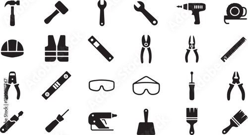 Black and white of construction tools and safety equipment hammer