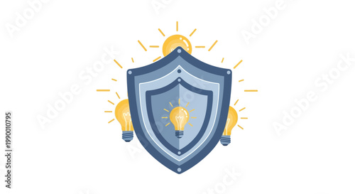 A stylized vector illustration celebrating World Intellectual Property Day, featuring a shield with lightbulbs symbolizing ideas, set against a clean white background with radiating light