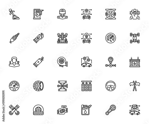 Car Racing icon set. Vector illustration pack with Gear shift, Fuel station, Driver, Engine, Turbo, Piston, Tyre, Steering wheel and more. Editable stroke.