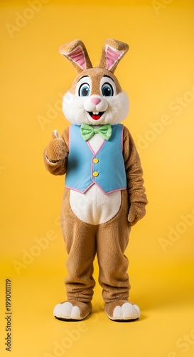 Easter Bunny Mascot Wearing Blue Vest and Green Bowtie Standing Against Yellow Background.