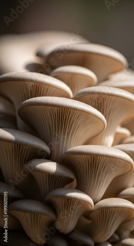 Close up of fresh organic oyster mushrooms growing in a cluster.