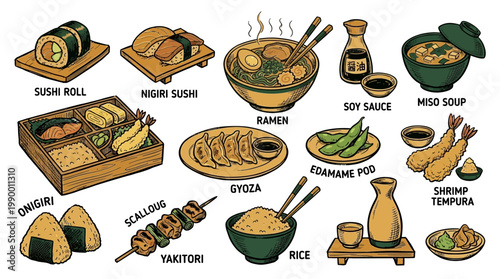 Hand drawn illustration set of Japanese cuisine dishes featuring sushi ramen bento and tempura on white background, ideal for restaurant menu design, culinary blog and asian food promotion