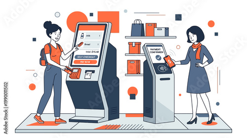 Professional retail manager and office clerk using automated self-service kiosks and mobile contactless payment terminals, ideal for fintech articles, retail tech and corporate blogs