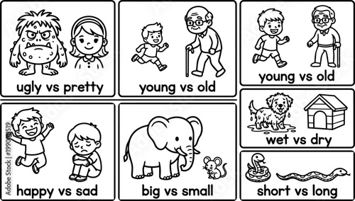Black and white line art contrasting pairs of cute kids animals and emotions showing opposites
