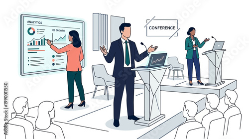Senior executive and data analyst presenting growth charts on stage at a corporate conference with audience, ideal for financial seminar ads, annual reports and professional training