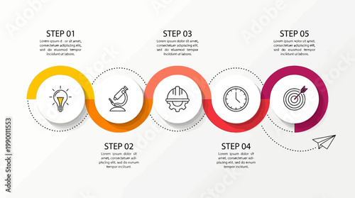 Five steps infographic banner with business icons and wavy connector lines on white background, ideal for corporate strategy planning, project management flow and presentation slides