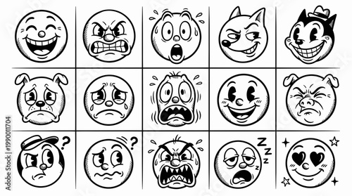 Collection of vintage rubber hose style cartoon emoji icons showing various facial expressions on white background, ideal for retro branding, graphic design and character sticker art