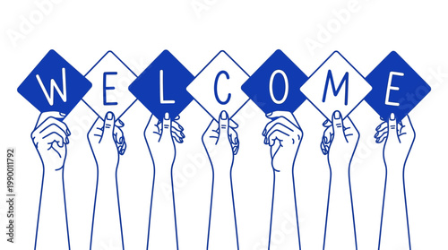 Human hands of human resources team holding diamond shape signs with letters spelling welcome on white background, ideal for employee onboarding, recruitment marketing and greeting banners