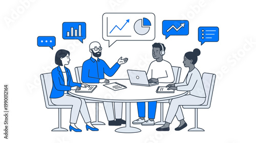 Group of corporate project managers and financial analysts collaborating on data charts during an office meeting, ideal for business growth strategy, teamwork concept and marketing reports