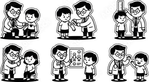 Black and white vector art doctor examining children with medical tools and chart