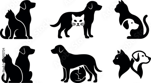 Black and white cat and dog silhouette pet animal icons vector art