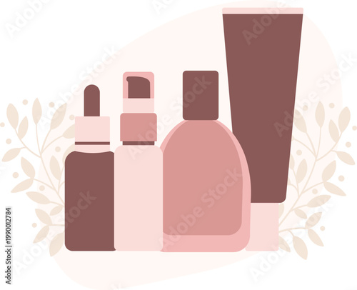 Beauty Containres Set , Flat Minimal Packaging Vector, Nude Botanical Background