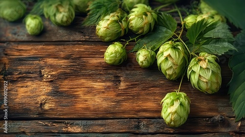 Close up of hop twig on wood table with beer ingredients