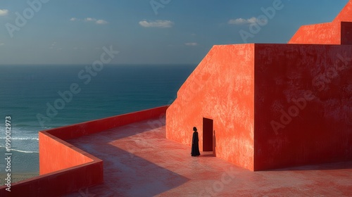 Woman dances on rooftop of red building by the ocean