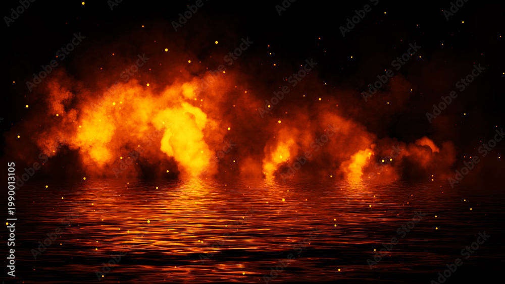 Fototapeta premium Mystery coastal fog . Smoke with particles on the shore . Reflection in water. Texture overlays background. Stock illustration. Design element.
