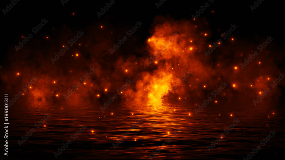 Fototapeta premium Mystery coastal fog . Smoke with particles on the shore . Reflection in water. Texture overlays background. Stock illustration. Design element.