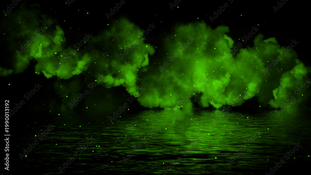 Naklejka premium Mystery coastal fog . Green smoke with particles on the shore . Reflection in water. Texture overlays background. Stock illustration. Design element.