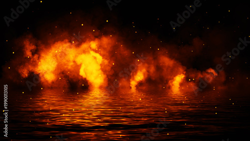 Mystery coastal fog . Smoke with particles on the shore . Reflection in water. Texture overlays background. Stock illustration. Design element.