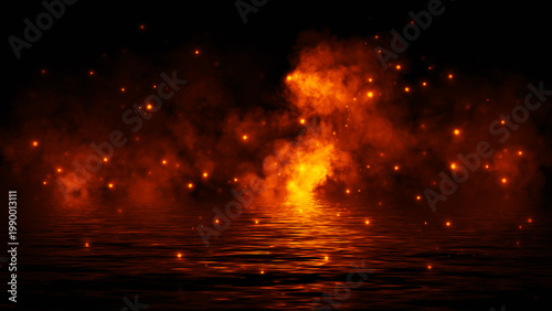 Mystery coastal fog . Smoke with particles on the shore . Reflection in water. Texture overlays background. Stock illustration. Design element.