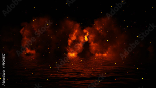 Mystery coastal fog . Smoke with particles on the shore . Reflection in water. Texture overlays background. Stock illustration. Design element.