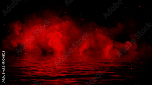 Mystery coastal fog . Red smoke with particles on the shore . Reflection in water. Texture overlays background. Stock illustration. Design element.