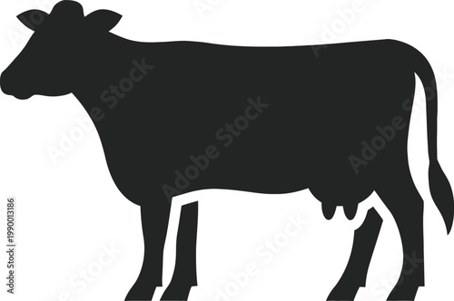 A black silhouette of a cow standing on a white background