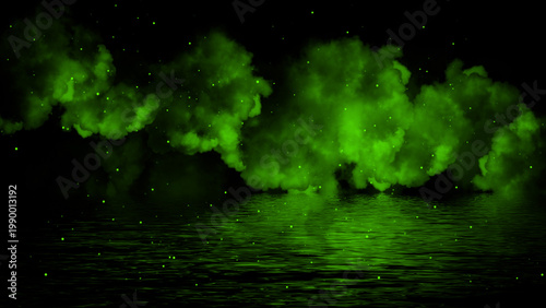 Mystery coastal fog . Green smoke with particles on the shore . Reflection in water. Texture overlays background. Stock illustration. Design element.