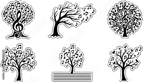 Black and white music note trees with swirling branches and birds vector art