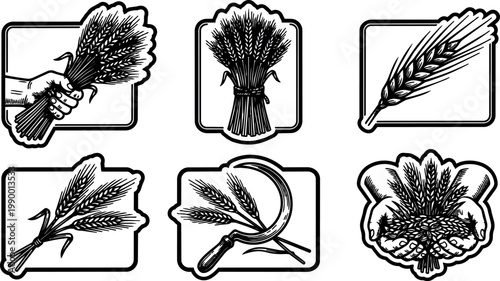 Black and white wheat ears bundle hands and sickle vector art