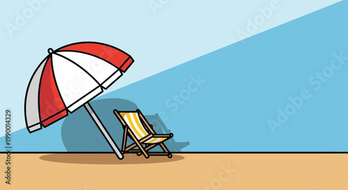 Beach umbrella and deck chair on sand for summer vacation concept