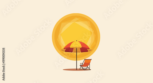 Minimalist summer illustration with beach umbrella and deck chair under sun, vacation concept.