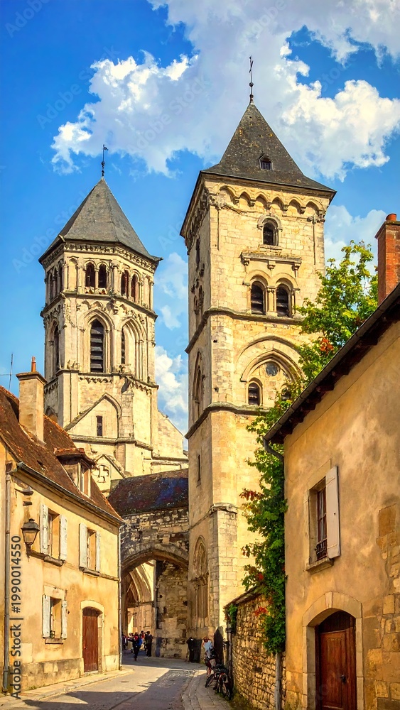 Fototapeta premium A low-resolution image of a narrow street with old stone buildings and two tall towers