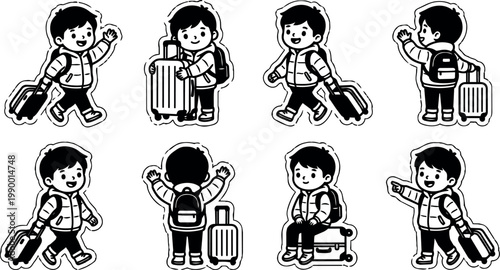 Boy with backpack pulling suitcase in multiple poses