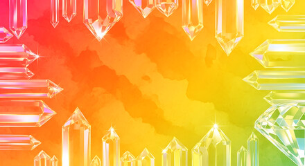 Sparkling crystal border with vibrant rainbow watercolor background, gemstone facets and light reflections, magical fantasy design