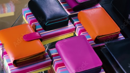 Colorful Leather Wallets Display on Striped Boxes in Accessories Store Showcase | Women's Bifold Purses Collection in Orange, Pink and Navy | Retail Fashion Close-Up
