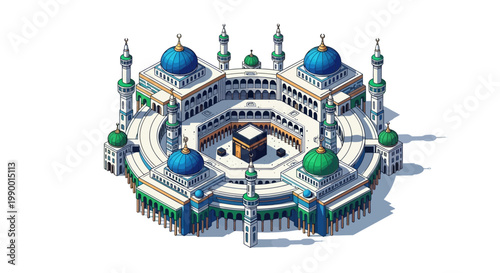 Isometric view of the Masjid al-Haram, featuring the Kaaba at its center, with a detailed architectural rendering and a bright color palette, set against a clean white background