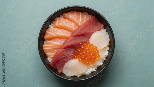 Fresh Seafood Rice Bowl With Salmon, Tuna, Scallop, and Salmon Roe Slices