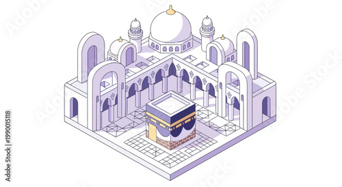 Isometric rendering of the Kaaba in Mecca with its surrounding mosque and domes, presented in a clean, flat design against a white background, creating a serene and spiritual architectural