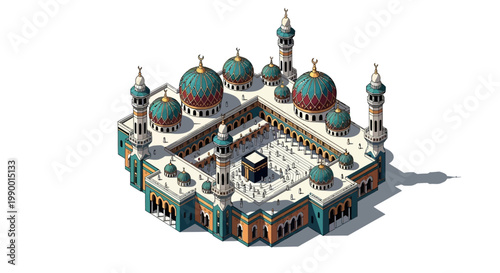 Isometric architectural rendering of the Masjid al-Haram in Mecca with the Kaaba at its center, featuring detailed domes and minarets under soft lighting against a bright white background