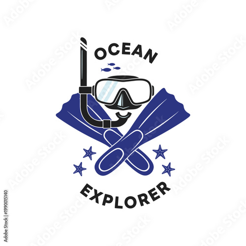 Ocean explorer scuba diving badge with snorkel mask and fins, underwater adventure t-shirt design