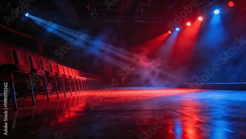 Empty stage with colorful lights and chairs
