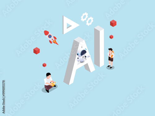 AI in Education Concept: Students Learning with Robot Assistant and Innovative Technology 3d isometric vector illustration