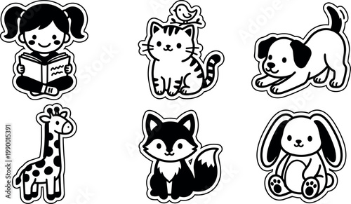Black and white cartoon girl reading book and cute animals vector line art